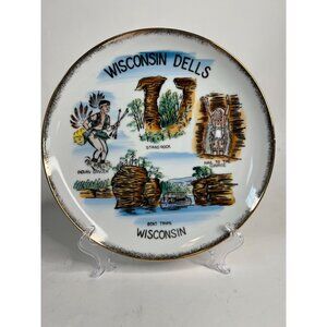 Vintage Wisconsin Dells Souvenir Plate 10" Indian Dancer Boat Trips Stand Rock C